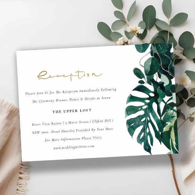 Tropical Monstera Foliage Green Wedding Reception Enclosure Card (Creator Uploaded)