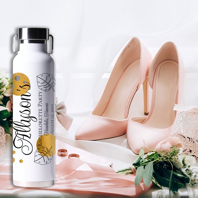 Tropical Monstera Gold Dots Bachelorette Party Water Bottle (Creator Uploaded)