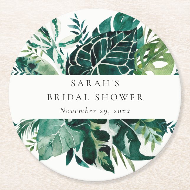 Tropical Monstera Green Foliage Bridal Shower  Round Paper Coaster (Front)