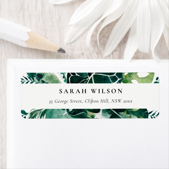 Tropical Monstera Green Foliage Leafy Address Return Address Label (Insitu)