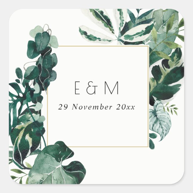 Tropical Monstera Green Foliage Monogram Wedding Square Sticker (Front)