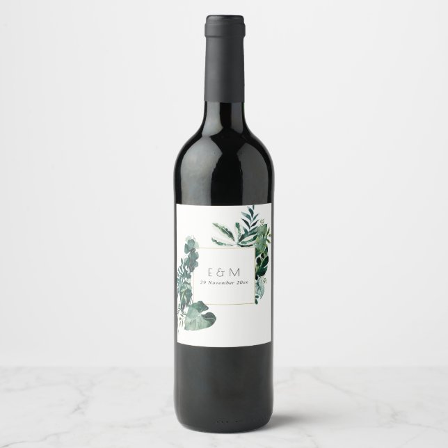 Tropical Monstera Green Foliage Monogram Wedding Wine Label (Front)