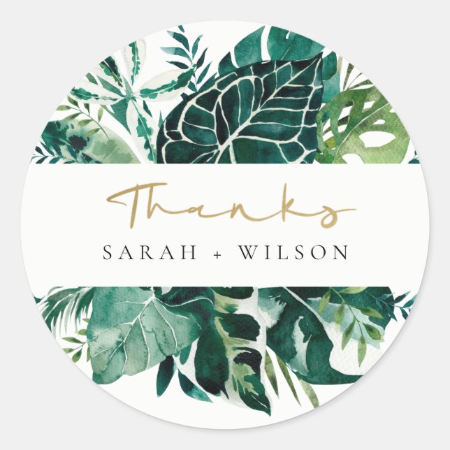 Tropical Monstera Green Foliage Wedding Thank You Classic Round Sticker (Front)