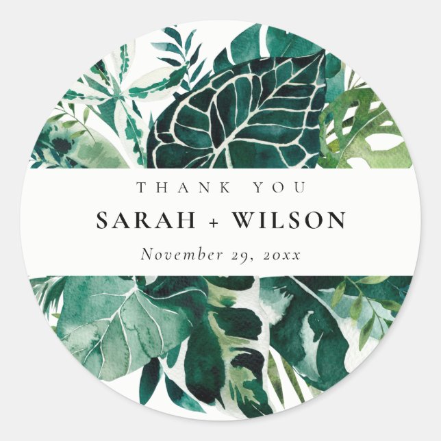 Tropical Monstera Green Foliage Wedding Thank You Classic Round Sticker (Front)