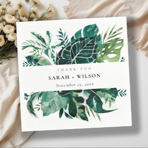 Tropical Monstera Green Foliage Wedding Thank You Napkin