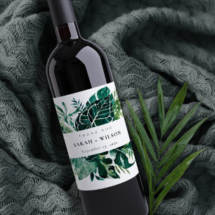 Tropical Monstera Green Foliage Wedding Thank You Wine Label