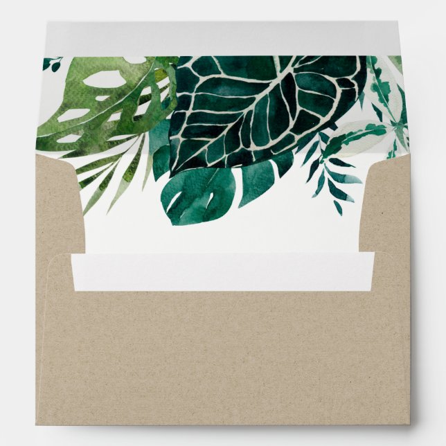Tropical Monstera Green Kraft Foliage Wedding Enve Envelope (Back (Bottom))