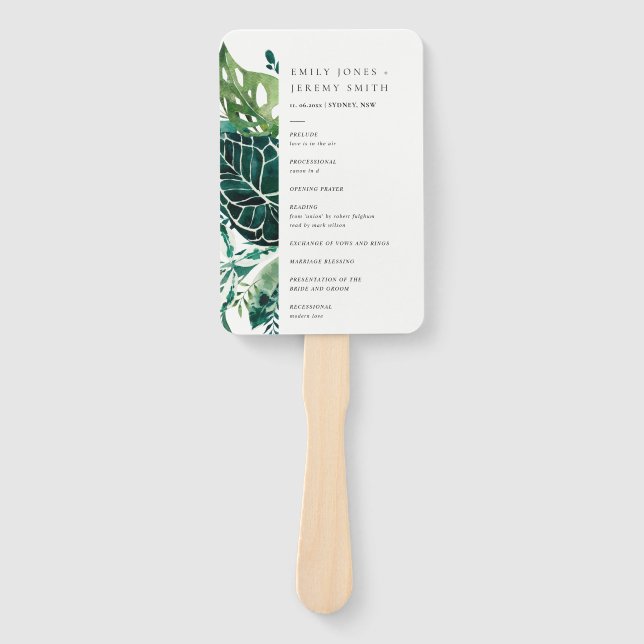 Tropical Monstera Green Leafy Wedding Program  Hand Fan (Front)