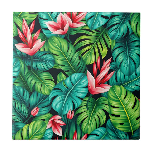 Tropical Monstera Heliconia Jungle Pattern Ceramic Tile (Front)