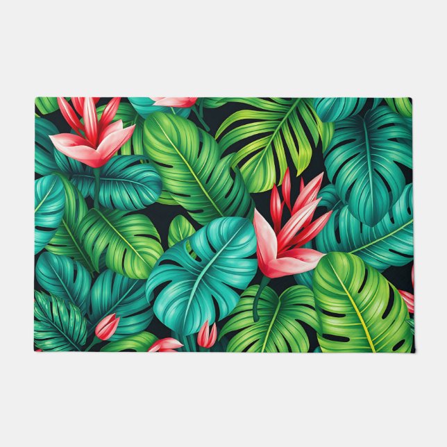 Tropical Monstera Heliconia Jungle Pattern Doormat (Front)