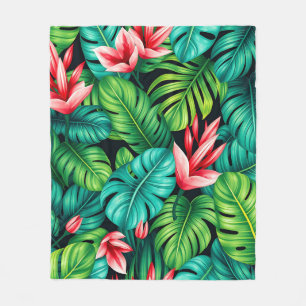 Tropical Monstera Heliconia Jungle Pattern Fleece Blanket