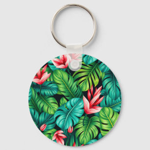 Tropical Monstera Heliconia Jungle Pattern Key Ring