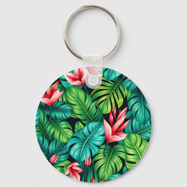 Tropical Monstera Heliconia Jungle Pattern Key Ring (Front)