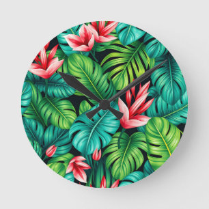 Tropical Monstera Heliconia Jungle Pattern Round Clock