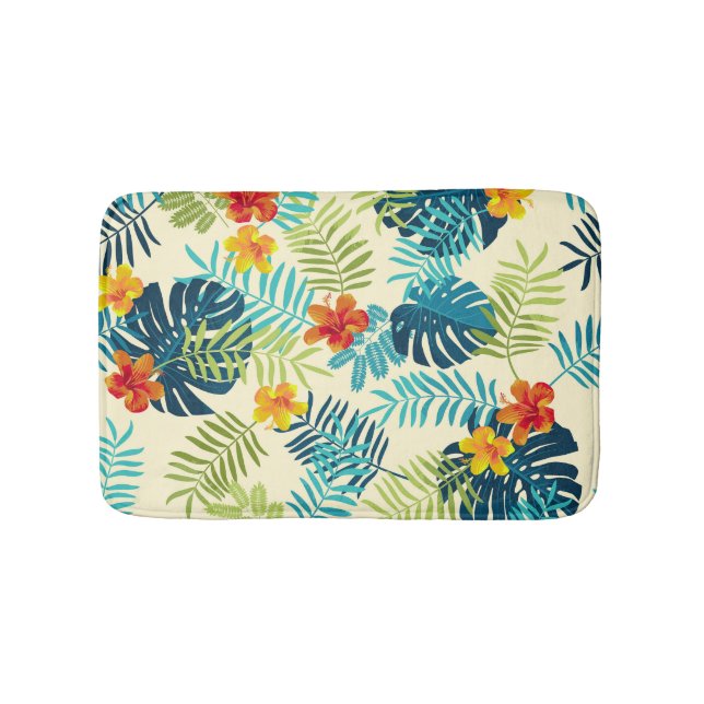 Tropical Monstera Hibiscus Summer Pattern Bath Mat (Front)