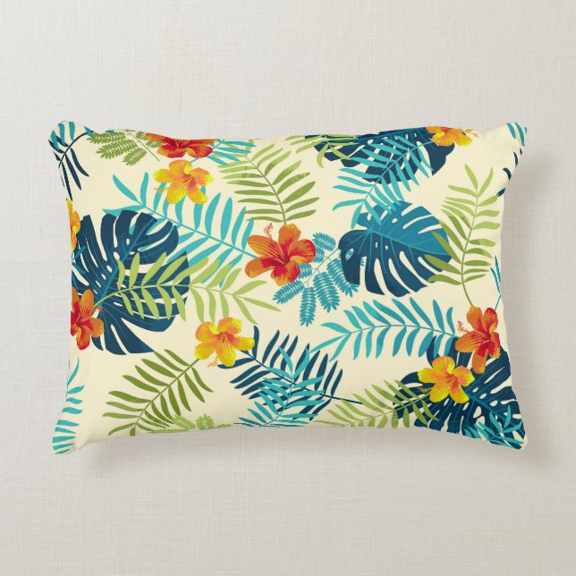Tropical Monstera Hibiscus Summer Pattern Decorative Cushion (Front)
