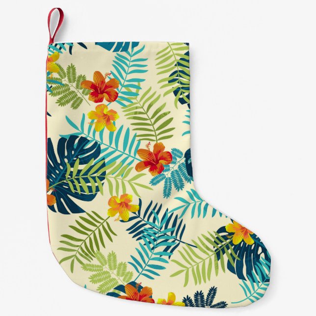 Tropical Monstera Hibiscus Summer Pattern Small Christmas Stocking (Front)
