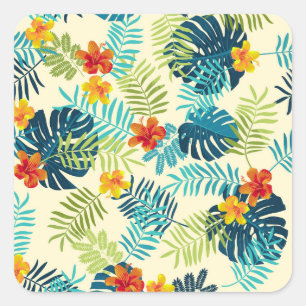 Tropical Monstera Hibiscus Summer Pattern Square Sticker
