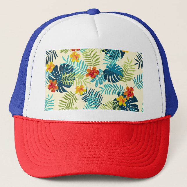 Tropical Monstera Hibiscus Summer Pattern Trucker Hat (Front)