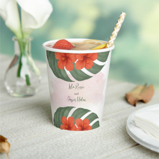 Tropical Monstera & Hibiscus Wedding Paper Cups