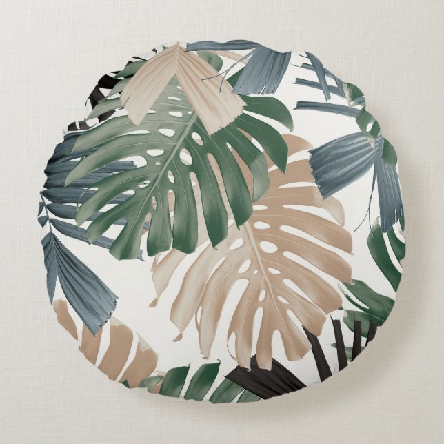 Tropical Monstera Jungle Leaves 3 Round Cushion (Front)
