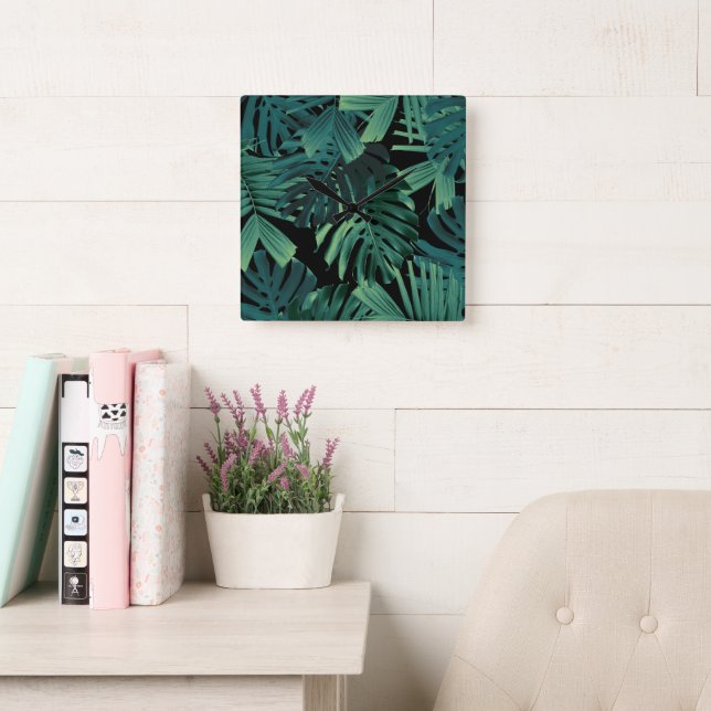 Tropical Monstera Jungle Night Leaves 1 Square Wall Clock (Reading Room)