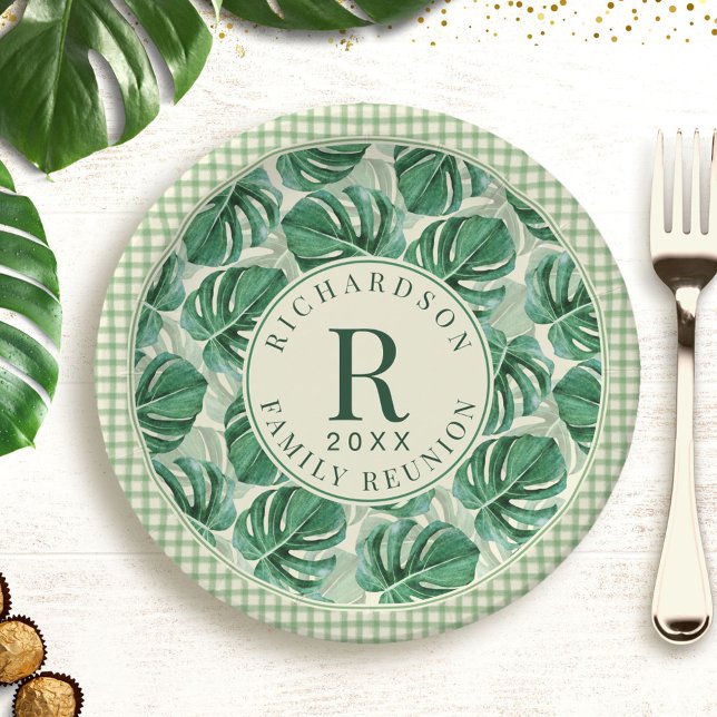 Tropical Monstera Leaf Family Reunion Monogrammed Paper Plate (Creator Uploaded)
