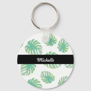 Tropical Monstera Leaf Green Pattern Name Key Ring