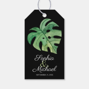Tropical Monstera Leaf on Black Wedding Gift Tags