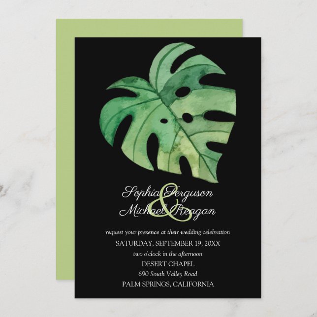 Tropical Monstera Leaf on Black Wedding Invites (Front/Back)