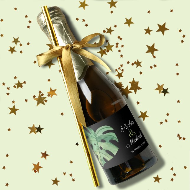 Tropical Monstera Leaf on Black Wedding MINI Sparkling Wine Label (Monstera leaf wedding mini champagne labels for favors or to serve to guests)