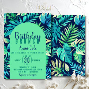 Tropical Monstera Leaf Pastel Green and Blue Invitation