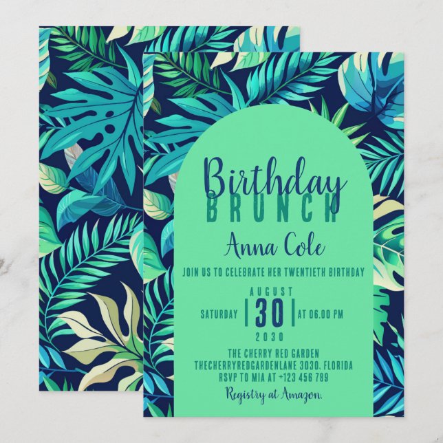 Tropical Monstera Leaf Pastel Green and Blue  Invitation (Front/Back)