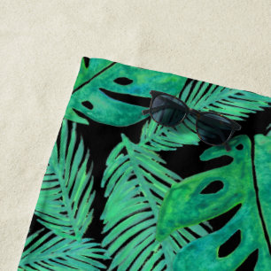 Tropical Monstera Leaf Pattern Black Beach Towel