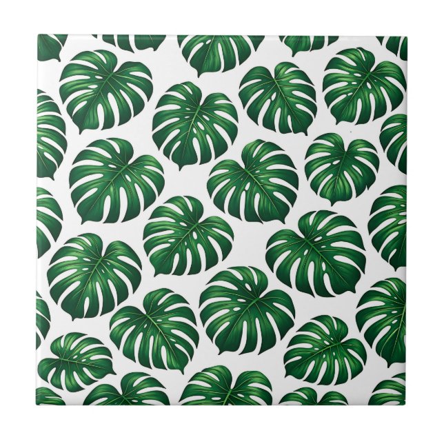 Tropical Monstera Leaf Pattern Ceramic Tile (Front)