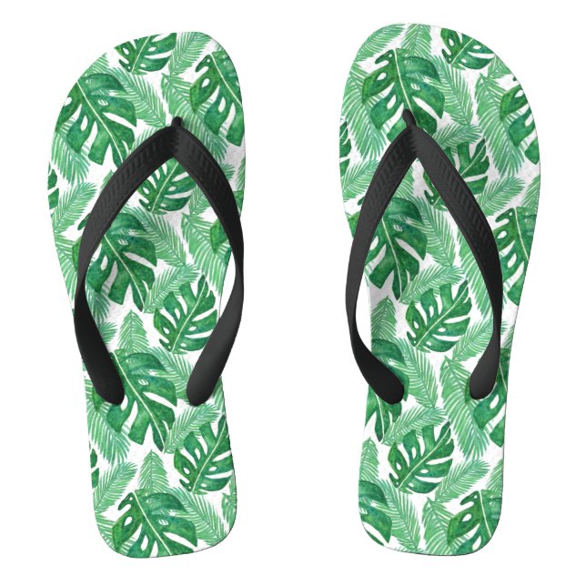 Tropical Monstera Leaf Pattern Green and White Thongs (Footbed)