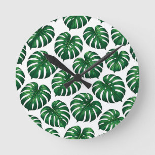 Tropical Monstera Leaf Pattern Round Clock