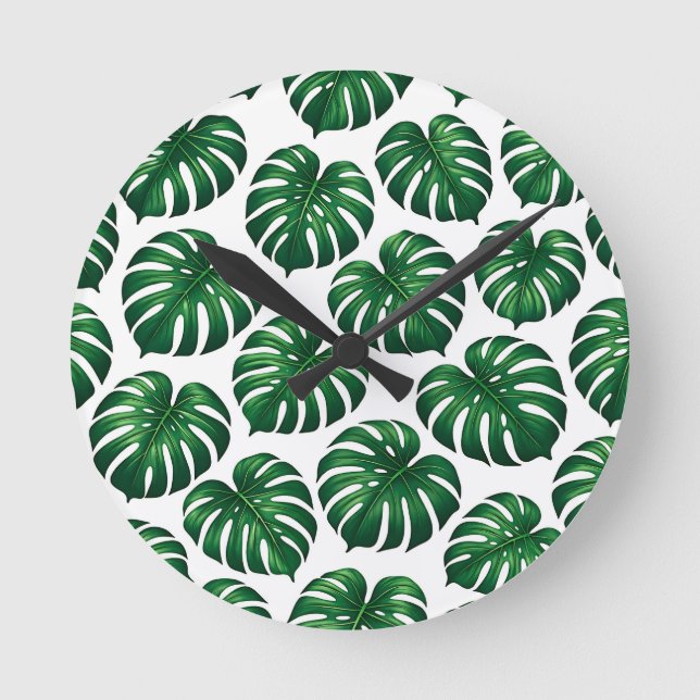Tropical Monstera Leaf Pattern Round Clock (Front)