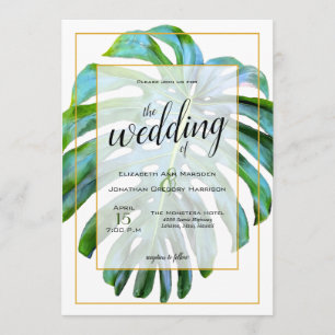 Tropical Monstera Leaf Photograph Gold Wedding Invitation