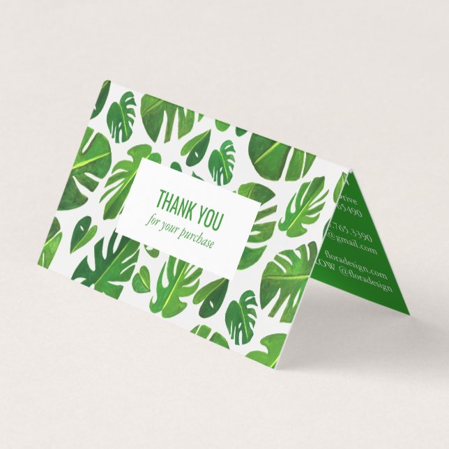 Tropical Monstera Leaf QR Code Social Icons Thanks Business Card (Front)