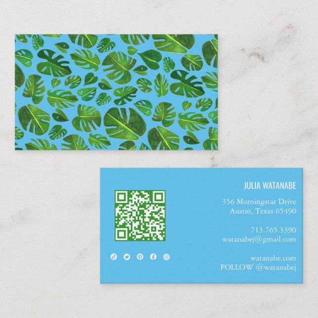 Tropical Monstera Leaf QR Code Social Media Chic Business Card (Front/Back)