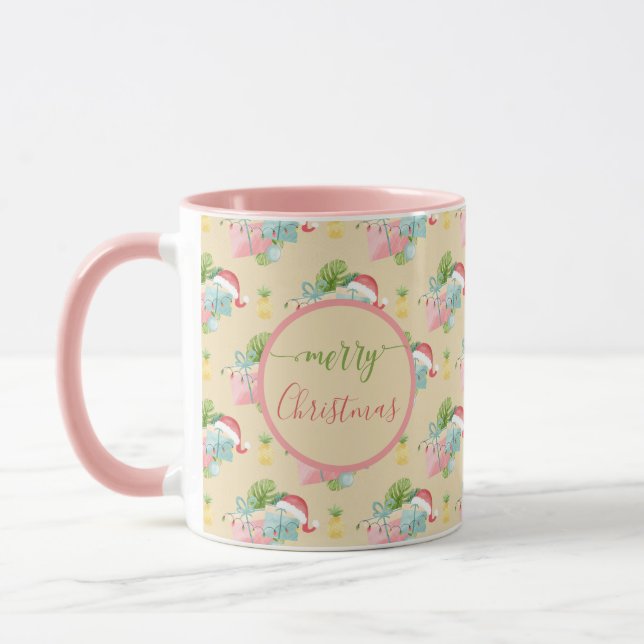 Tropical Monstera Leaf Santa Hat Christmas Present Mug (Left)