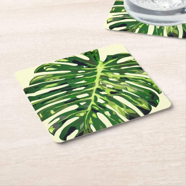 Tropical Monstera Leaf Square Paper Coaster (Angled)