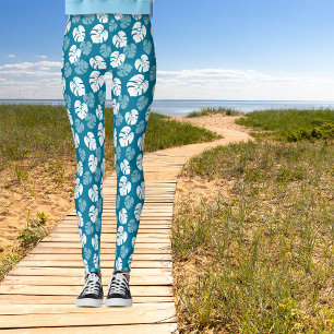 Tropical Monstera Leaf Teal Turquoise White Floral Leggings