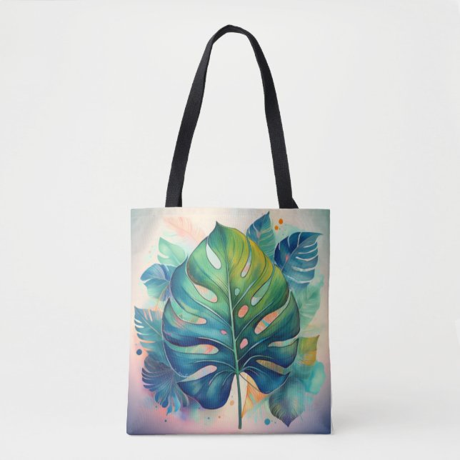 Tropical Monstera Leaf Watercolor Art Tote Bag (Front)