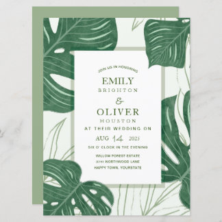 Tropical Monstera leaf wedding invitations