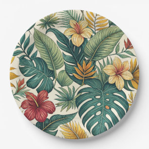 Tropical Monstera Leaf With Hibiscus Paper Plate