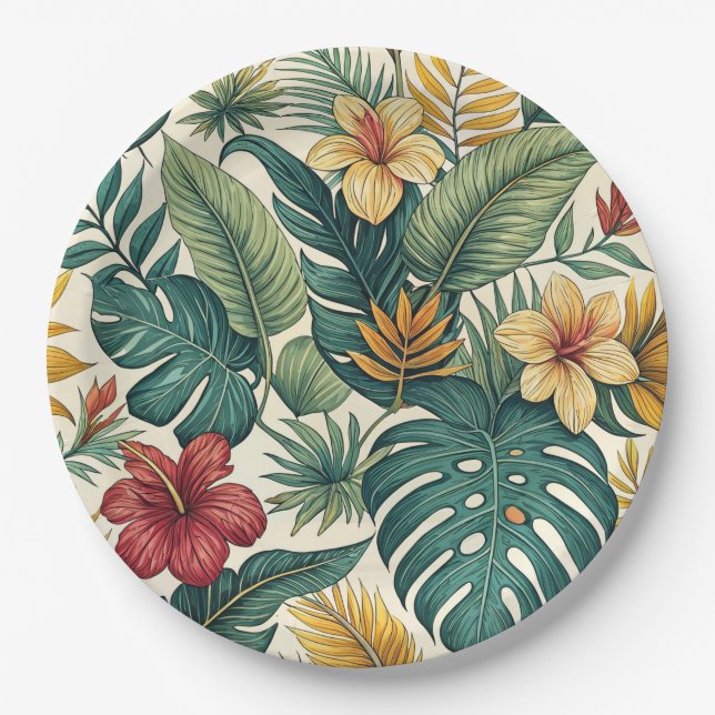 Tropical Monstera Leaf With Hibiscus  Paper Plate (Front)