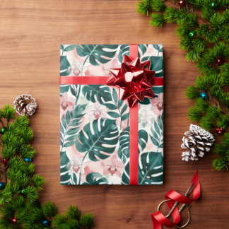 Tropical Monstera Leaves and Delicate Orchids Wrapping Paper