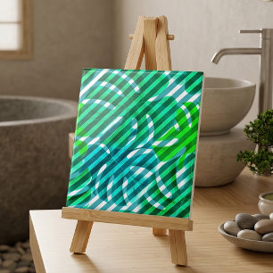 Tropical Monstera Leaves and Diagonal Stripes Ceramic Tile